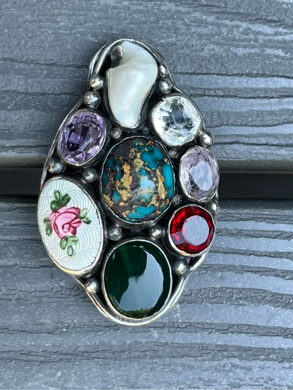 Multistone Silver Ring with Turquoise, Red & Purple Accents